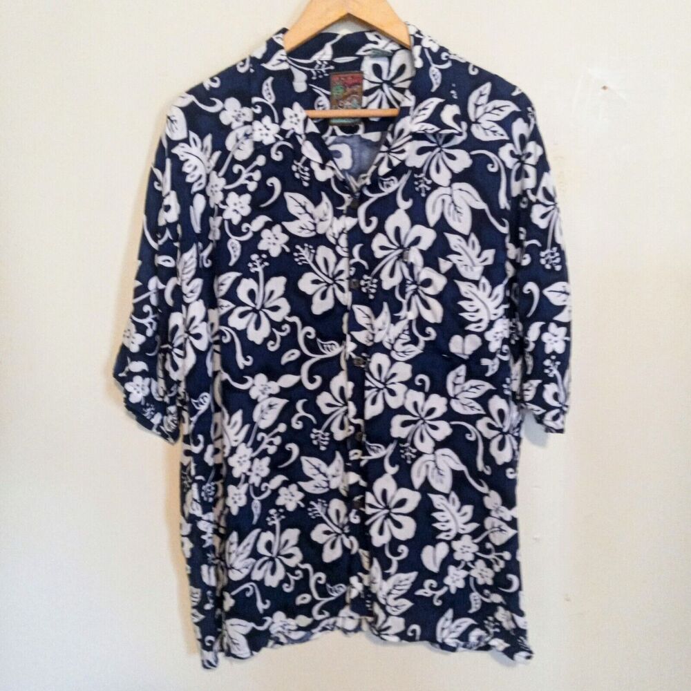 Vintage Pineapple Connection Floral Hawaiian Shirt-Size XL-Pocket-Navy-Hibiscus